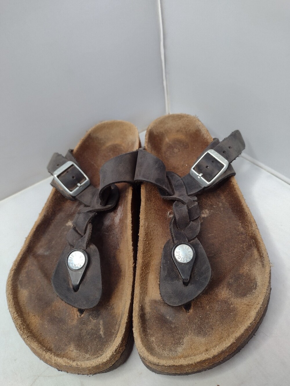 Birkenstock Gizeh Black Braided  Leather Sandals Distressed 37 Cork D